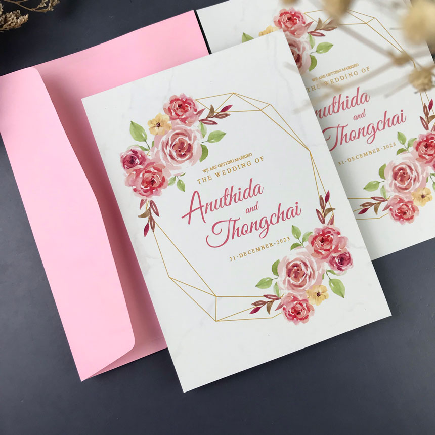 การ์ดแต่งงาน การ์ดงานแต่ง การ์ดแต่งงานมินิมอล การ์ดแต่งงานสีชมพู โอรส พร้อมซองการ์ดแต่งงาน