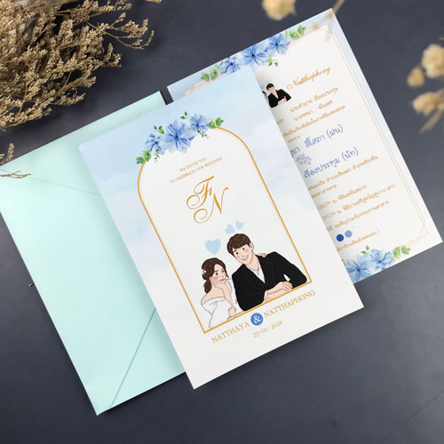 การ์ดแต่งงาน การ์ดงานแต่ง การ์ดแต่งงานมินิมอล การ์ดแต่งงาน สีฟ้า พร้อม ซองการ์ดแต่งงาน