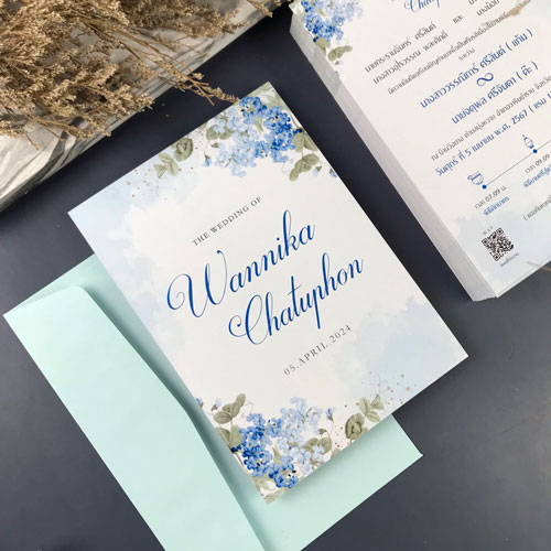 การ์ดแต่งงาน การ์ดงานแต่ง การ์ดแต่งงานมินิมอล การ์ดแต่งงาน สีฟ้า สีน้ำเงิน พร้อม ซองการ์ดแต่งงาน