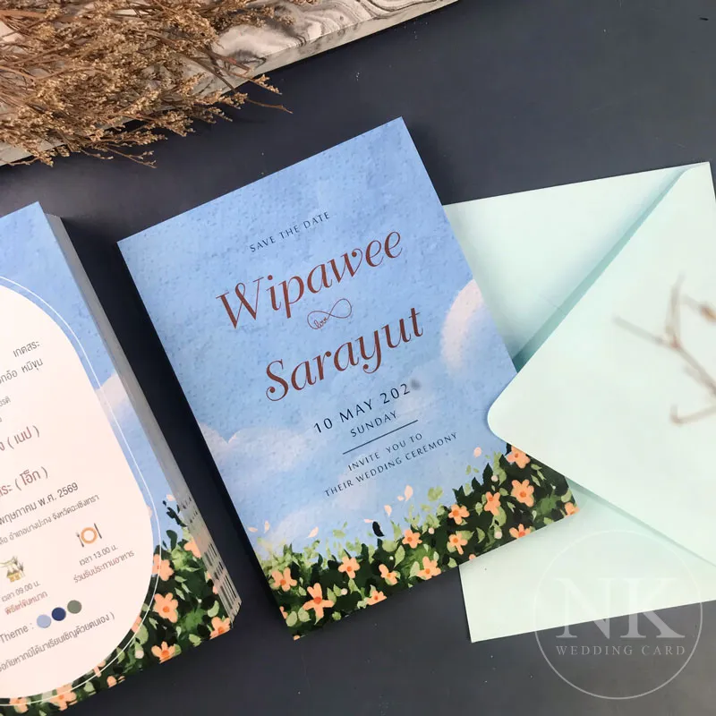 การ์ดแต่งงานมินิมอลลายท้องฟ้า ดอกไม้ พิมพ์การ์ดแต่งงาน ราคาถูก การ์ดเชิญงานแต่ง 4x6 5x7
