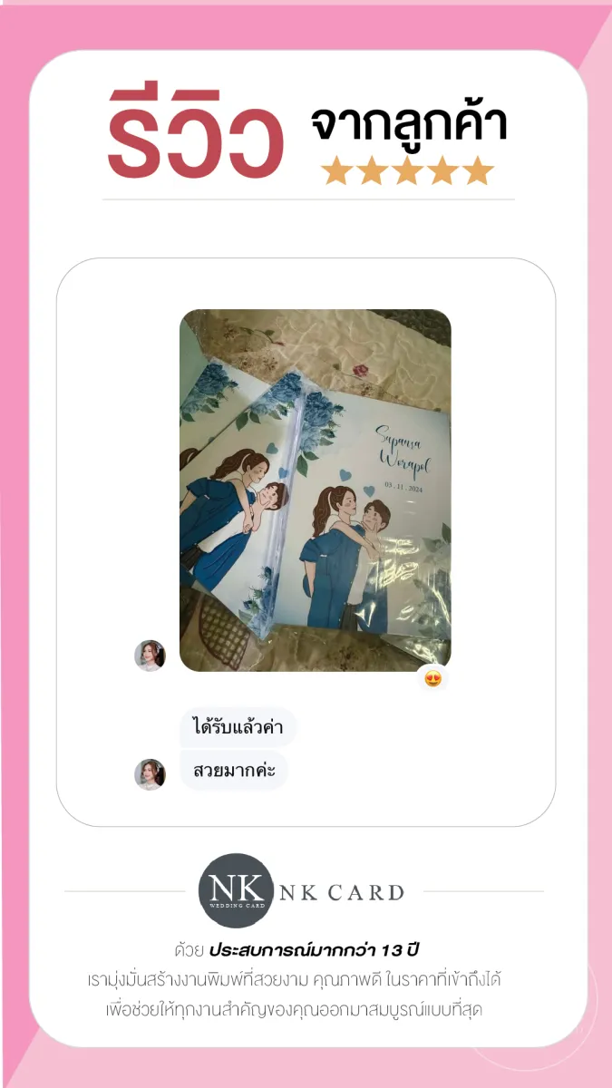 รีวิว การ์ดแต่งงานลายดอกไม้ โทนสีฟ้า  พร้อมซอง จากลูกค้าจริง