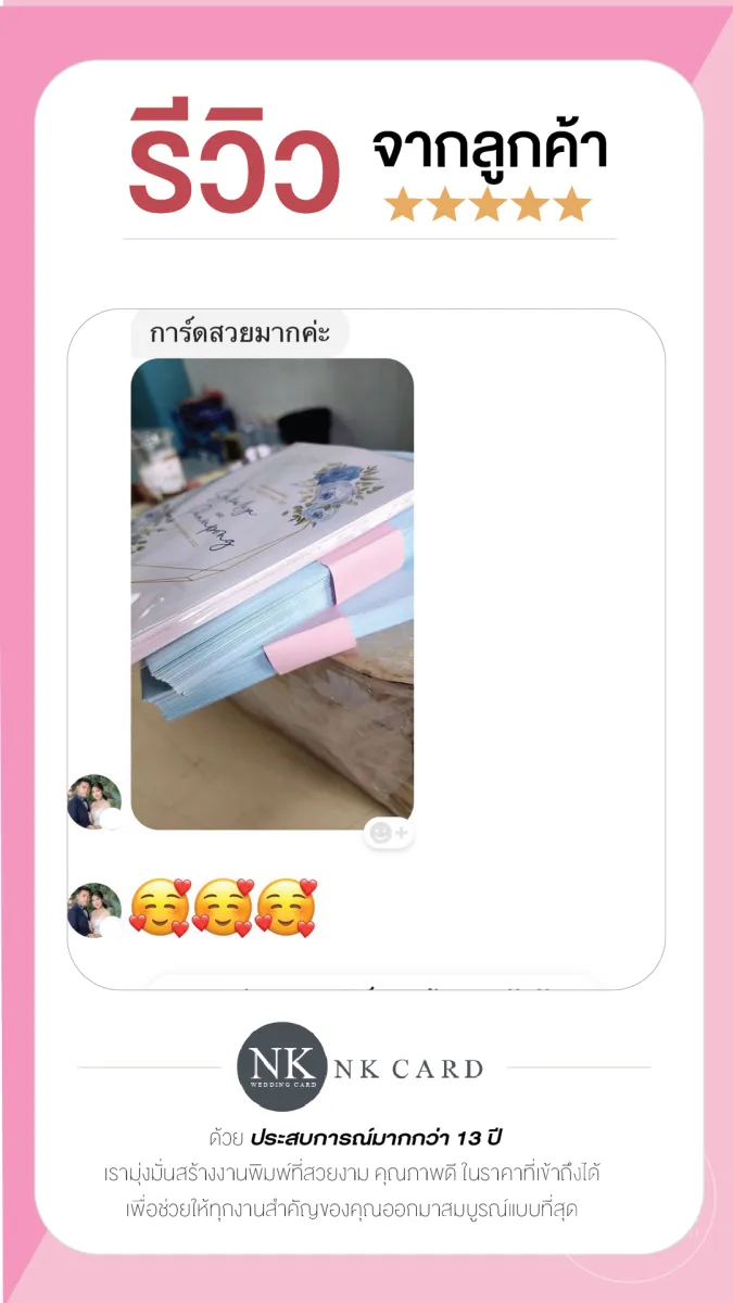 รีวิว การ์ดแต่งงานมินิมอล ลายดอกไม้ โทนสีฟ้า  พร้อมซอง จากลูกค้าจริง