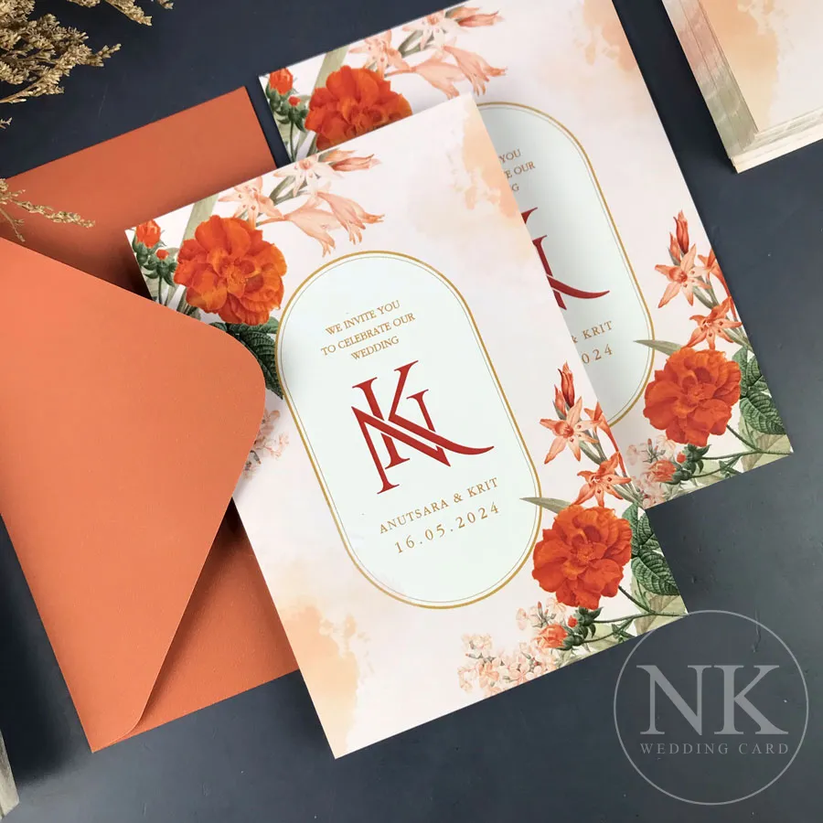 การ์ดแต่งงานโทนส้มอิฐ Floral Luxury | การ์ดงานแต่งมินิมอล ดอกไม้สีส้ม พรีเมียม พร้อมซอง