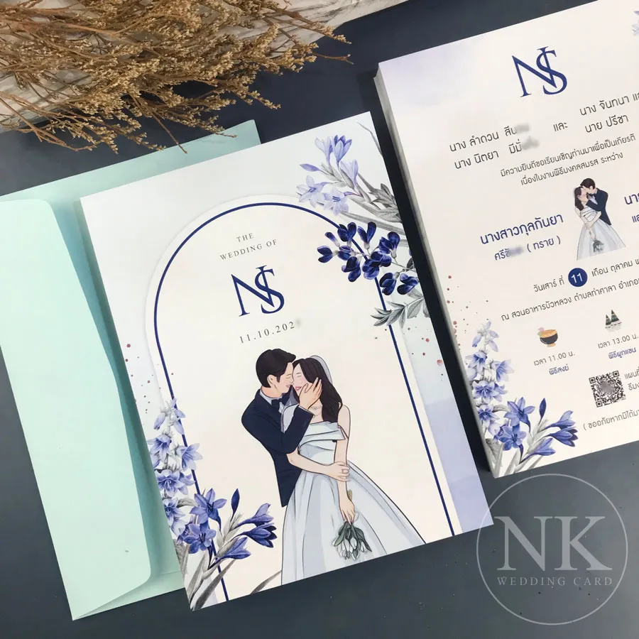 การ์ดแต่งงานลายคู่บ่าวสาว ดอกไม้สีน้ำเงิน สไตล์มินิมอลหรู | การ์ดเชิญงานแต่ง 4x6 และ 5x7 นิ้ว
