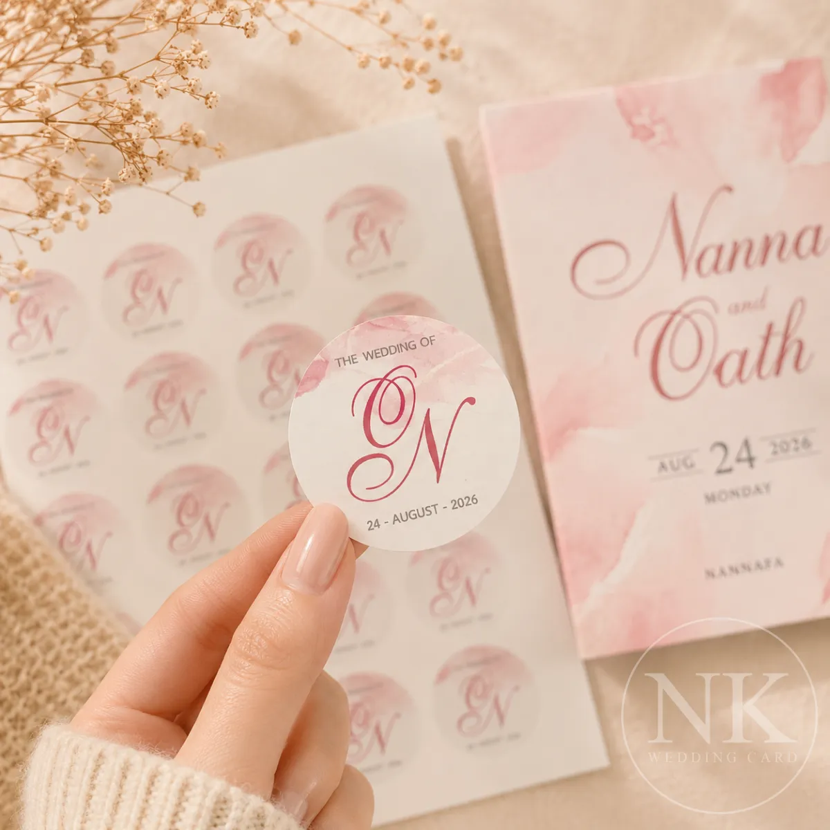 สติ๊กเกอร์ของชำร่วยงานแต่ง สีชมพูมินิมอล | สติ๊กเกอร์ขาวเงา กันน้ำ ไดคัทได้