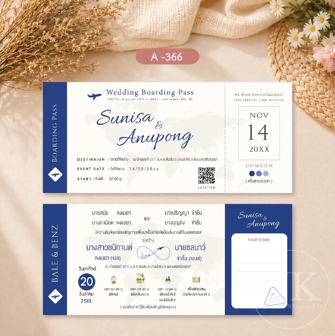 การ์ดแต่งงานตั๋วเครื่องบิน Boarding Pass 4x9 นิ้ว การ์ดแต่งงานเก๋ๆ สีน้ำเงิน